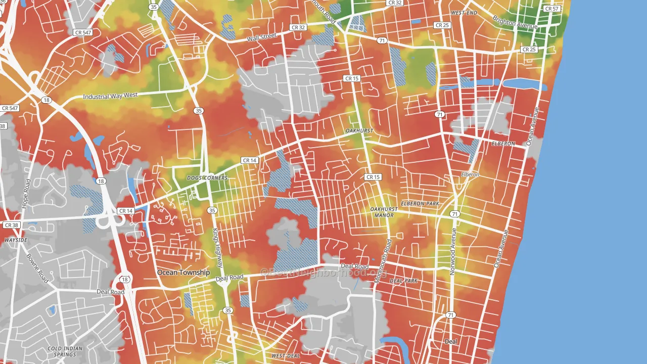 Walk Grade map of 07755, NJ, walkable areas in green and car-dependent areas in red