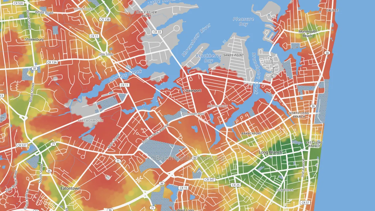 Walk Grade map of 07757, NJ, walkable areas in green and car-dependent areas in red