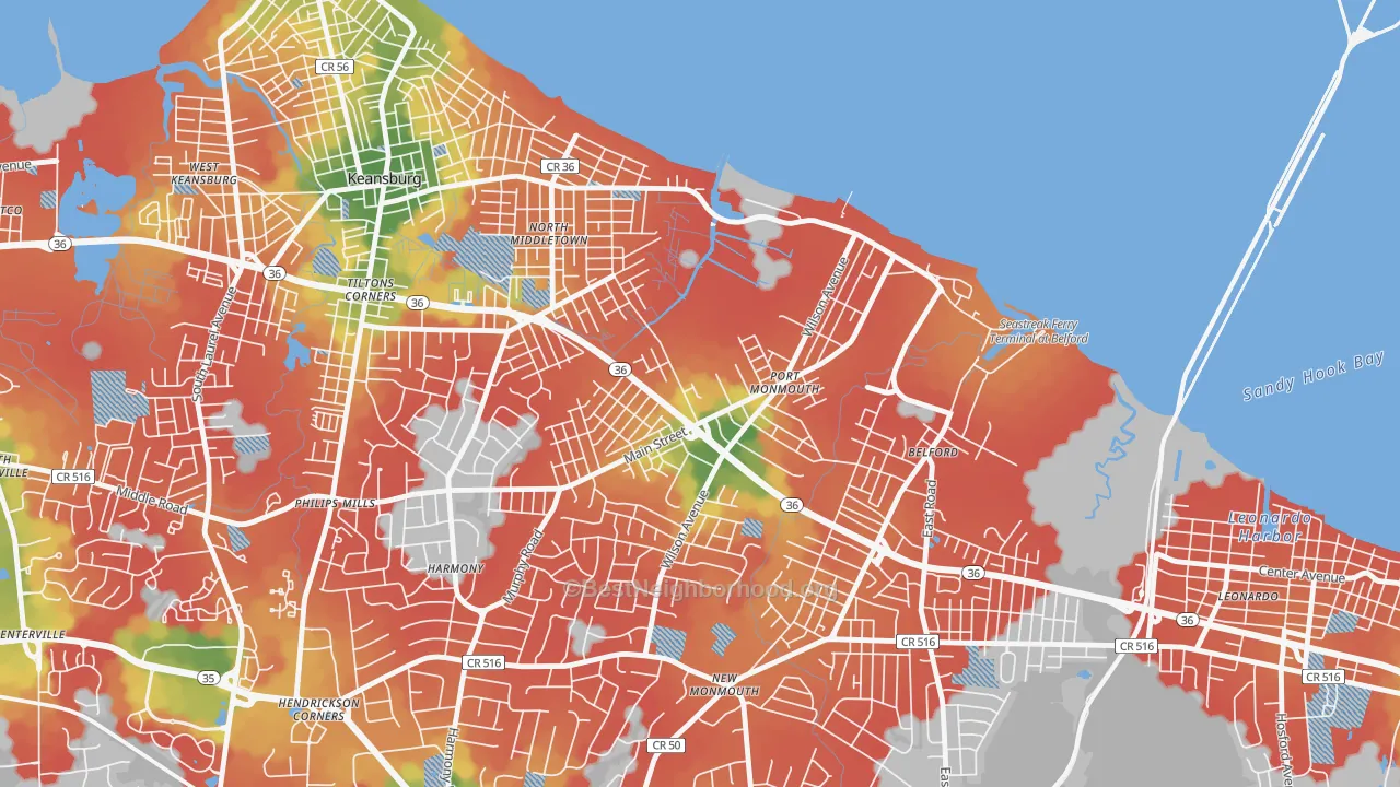 Walk Grade map of 07758, NJ, walkable areas in green and car-dependent areas in red
