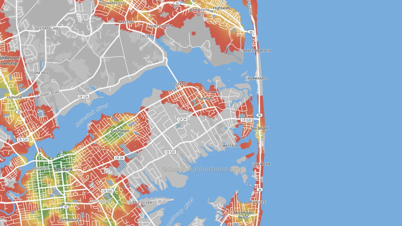 Walk Grade map of 07760, NJ, walkable areas in green and car-dependent areas in red