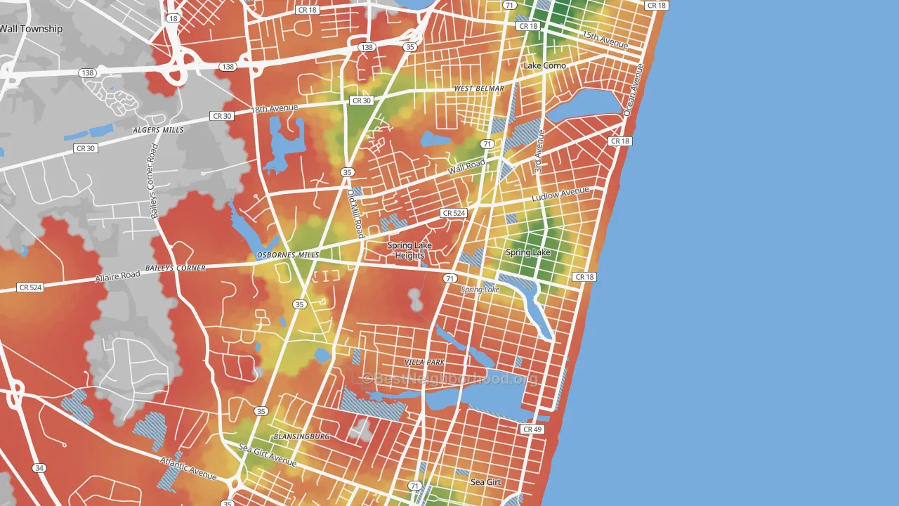Walk Grade map of 07762, NJ, walkable areas in green and car-dependent areas in red