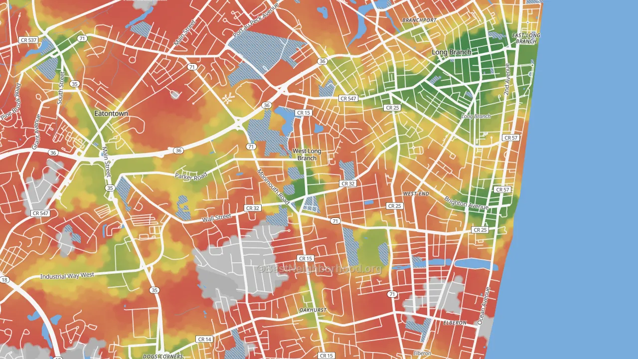 Walk Grade map of 07764, NJ, walkable areas in green and car-dependent areas in red