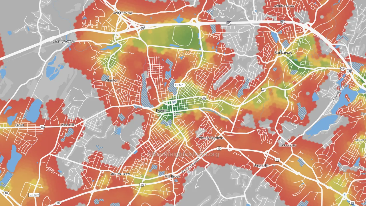 Walk Grade map of 07801, NJ, walkable areas in green and car-dependent areas in red