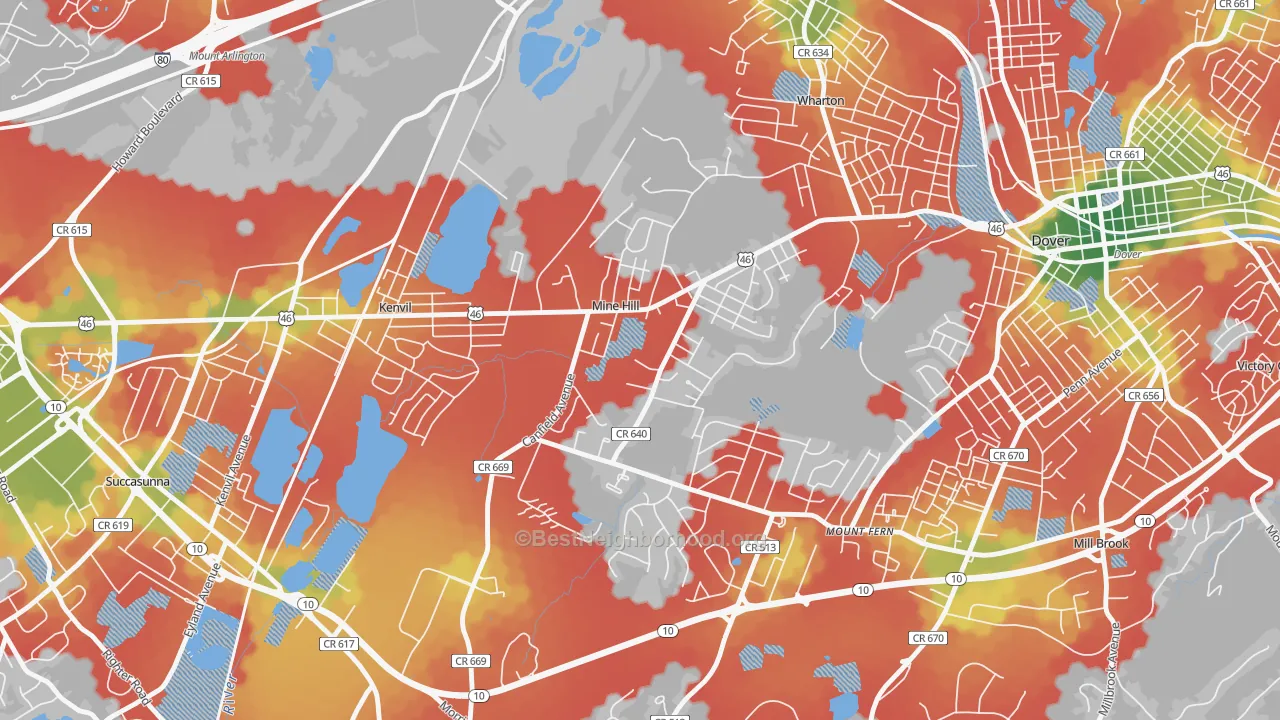 Walk Grade map of 07803, NJ, walkable areas in green and car-dependent areas in red