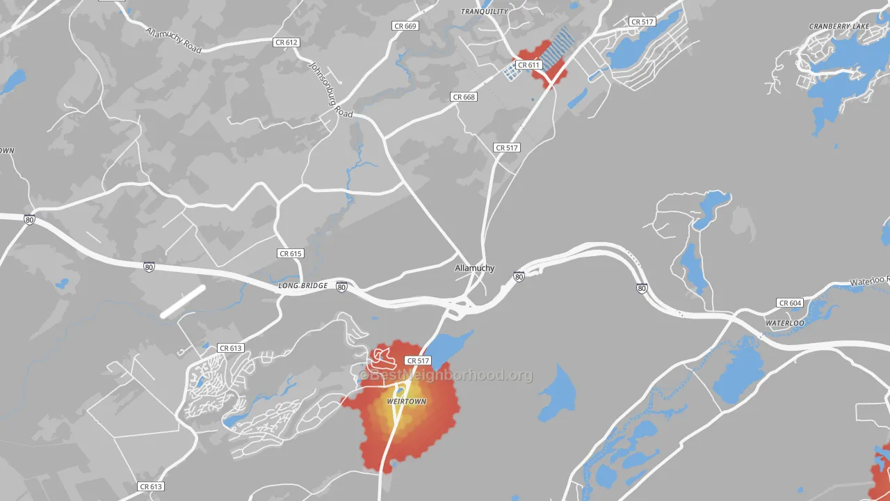 Walk Grade map of 07820, NJ, walkable areas in green and car-dependent areas in red