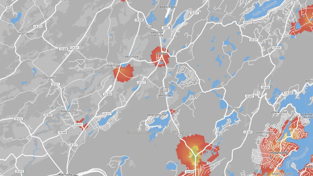 Walk Grade map of 07821, NJ, walkable areas in green and car-dependent areas in red