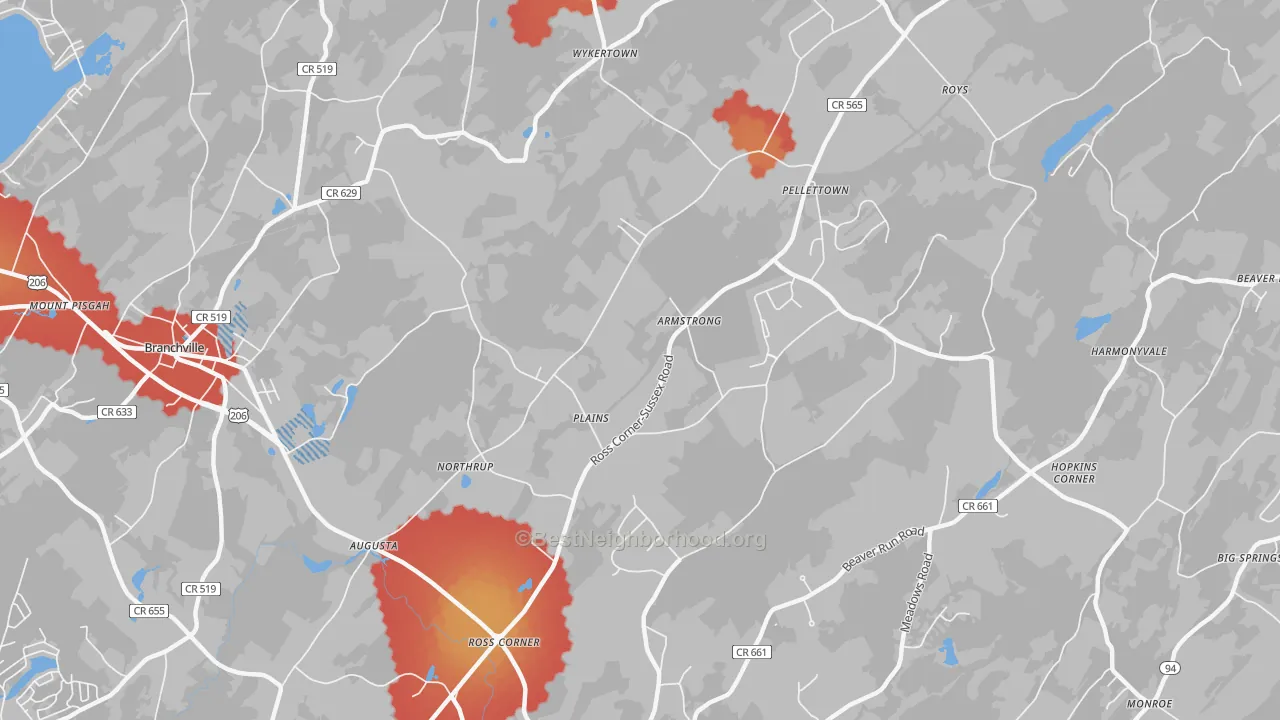 Walk Grade map of 07822, NJ, walkable areas in green and car-dependent areas in red