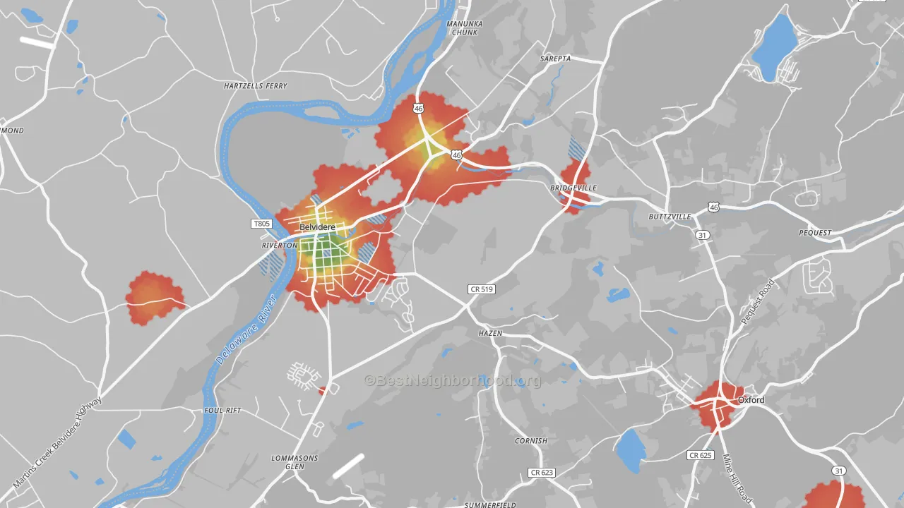 Walk Grade map of 07823, NJ, walkable areas in green and car-dependent areas in red