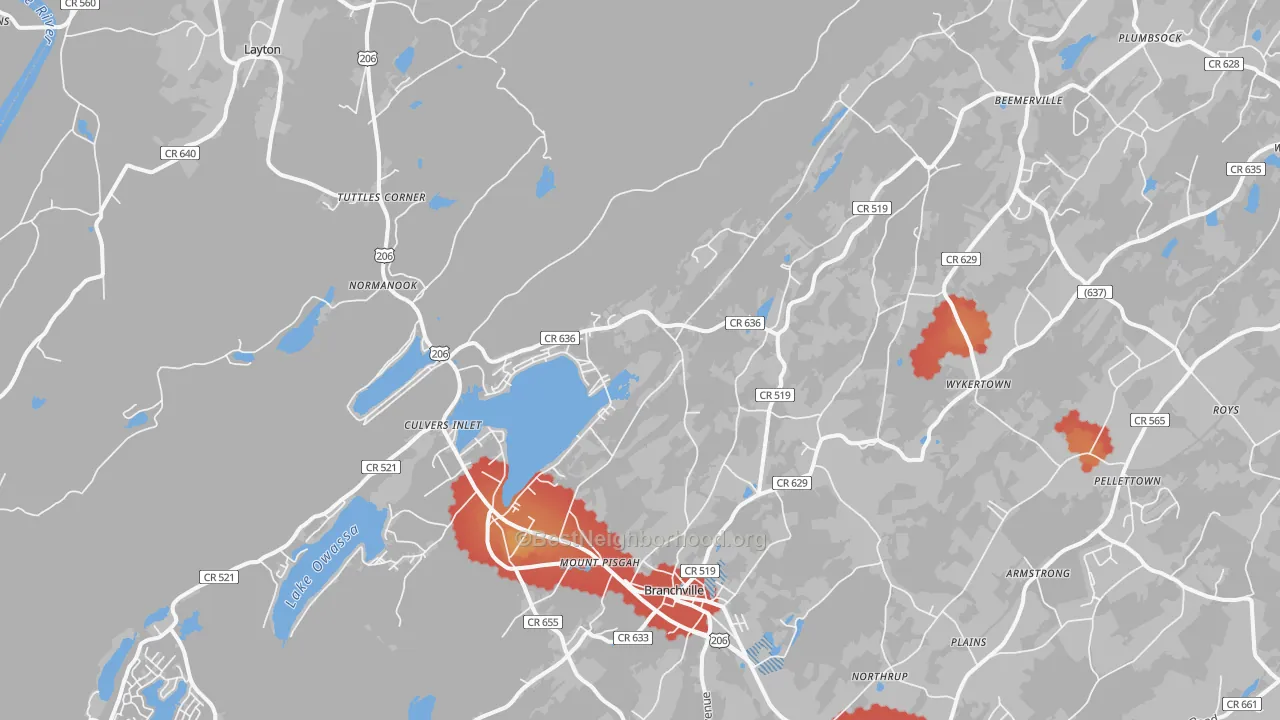 Walk Grade map of 07826, NJ, walkable areas in green and car-dependent areas in red