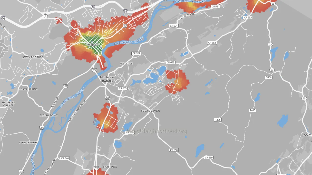 Walk Grade map of 07827, NJ, walkable areas in green and car-dependent areas in red
