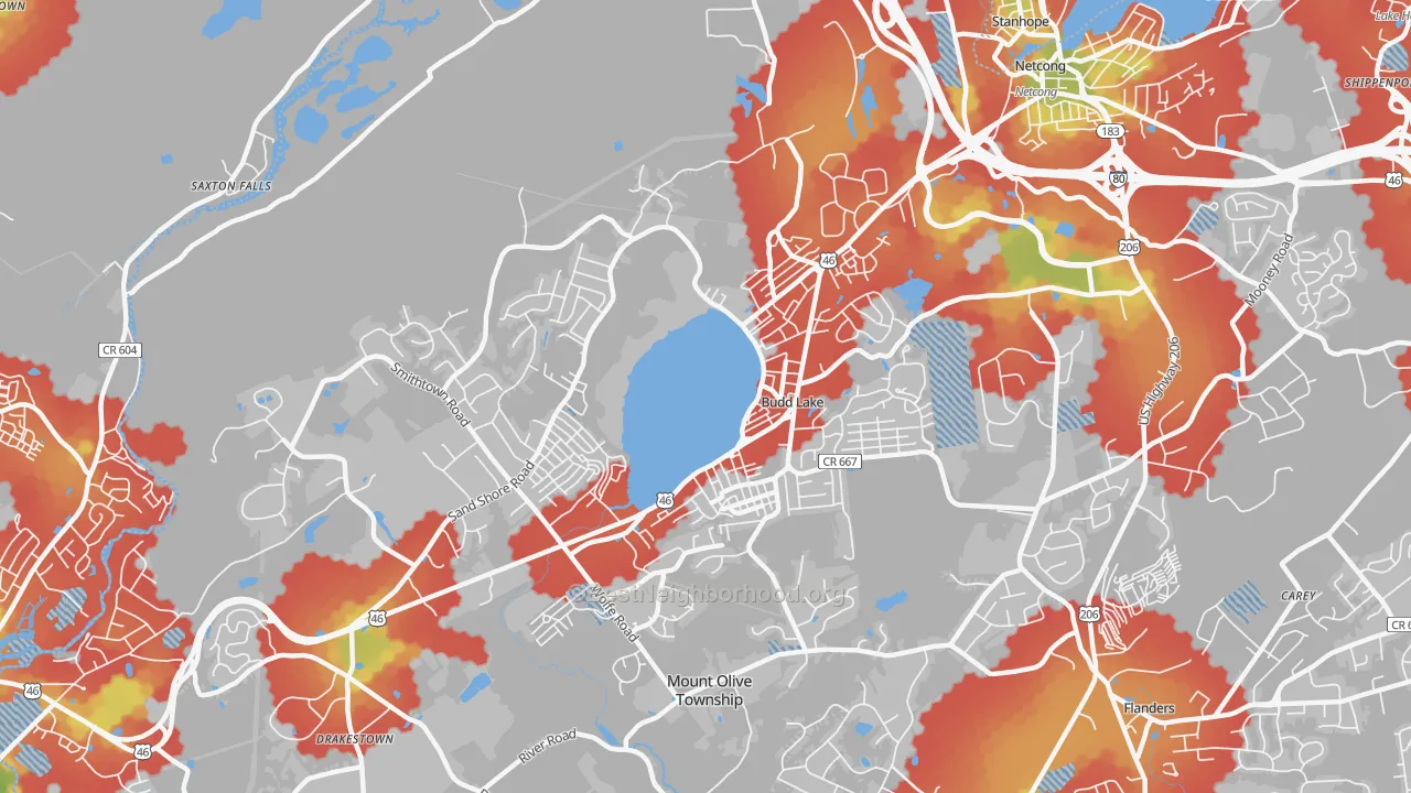 Walk Grade map of 07828, NJ, walkable areas in green and car-dependent areas in red