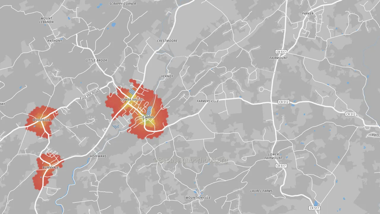Walk Grade map of 07830, NJ, walkable areas in green and car-dependent areas in red