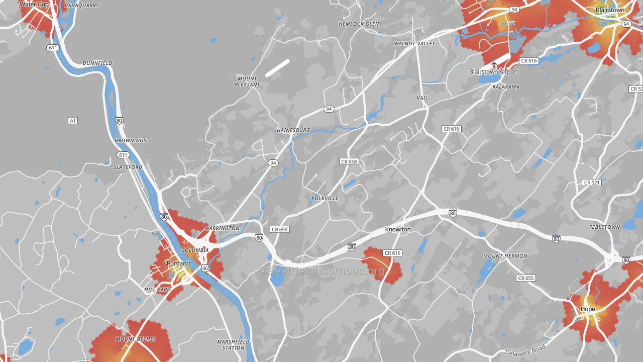 Walk Grade map of 07832, NJ, walkable areas in green and car-dependent areas in red