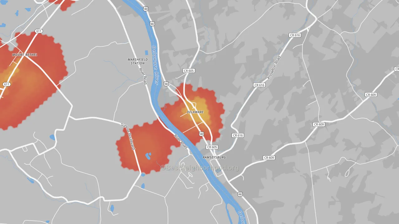 Walk Grade map of 07833, NJ, walkable areas in green and car-dependent areas in red
