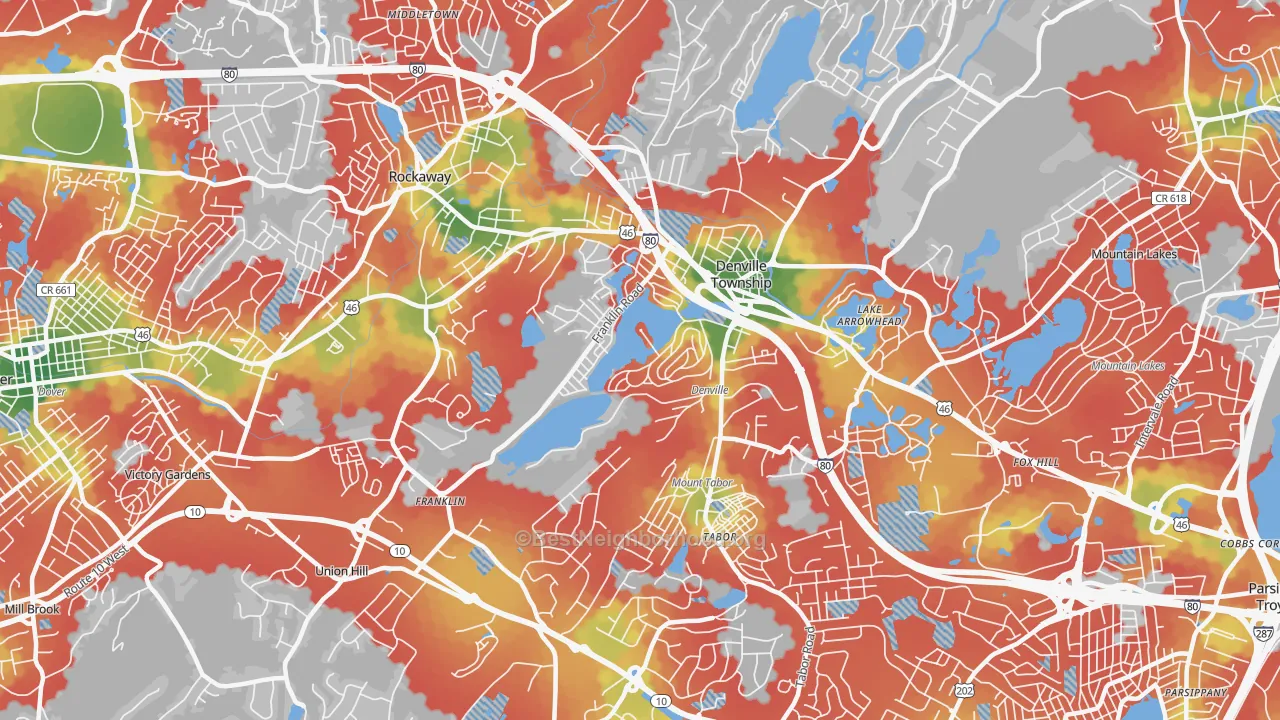 Walk Grade map of 07834, NJ, walkable areas in green and car-dependent areas in red