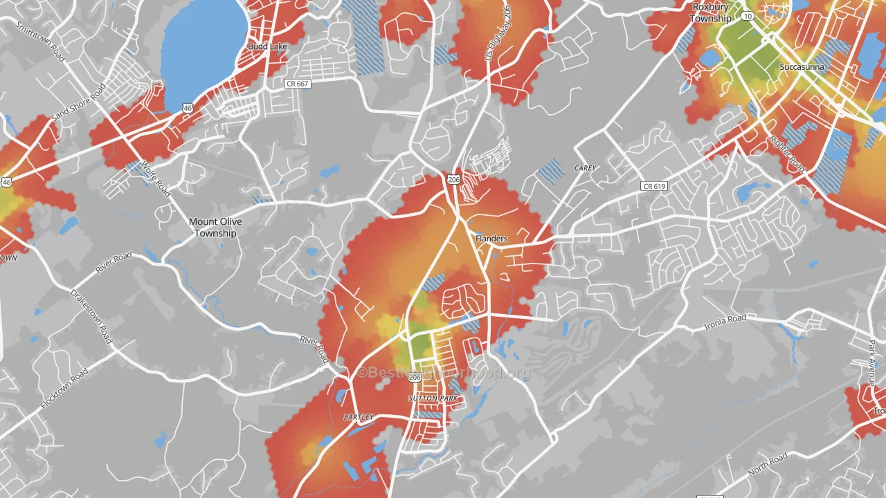 Walk Grade map of 07836, NJ, walkable areas in green and car-dependent areas in red
