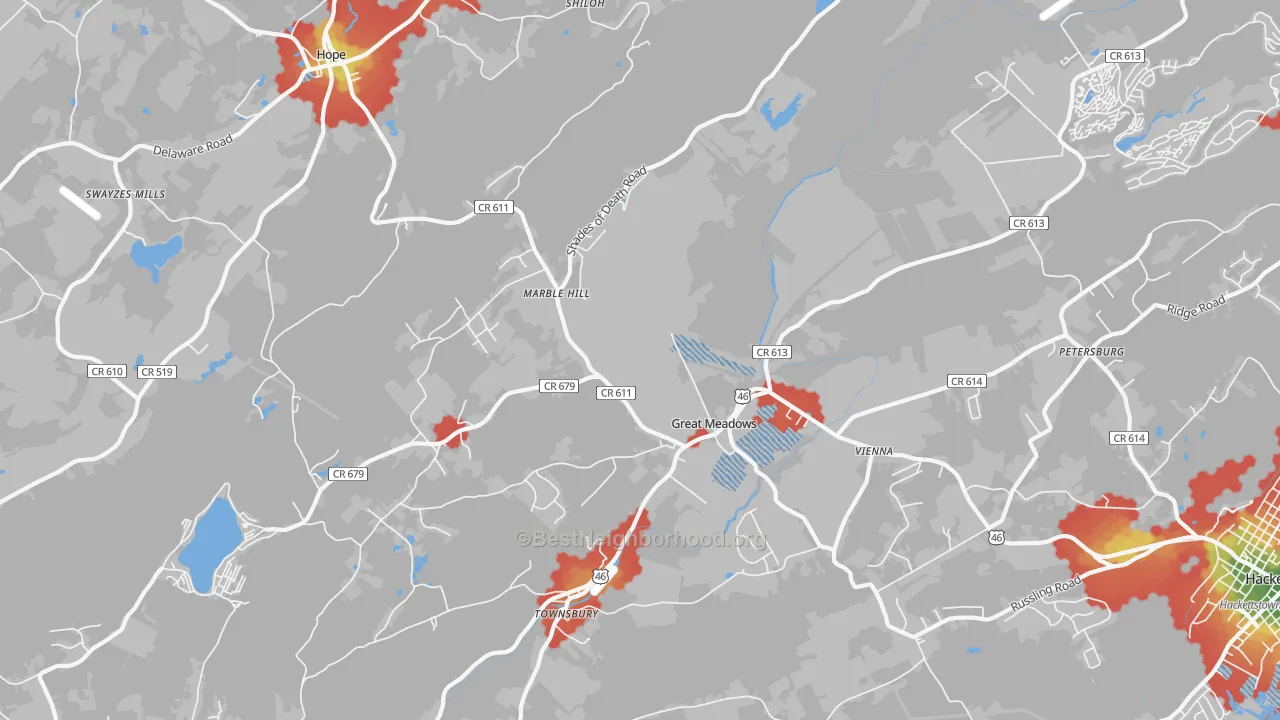 Walk Grade map of 07838, NJ, walkable areas in green and car-dependent areas in red