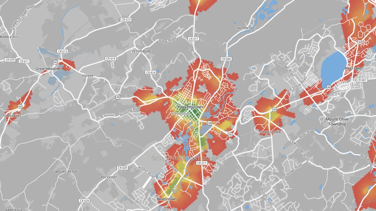 Walk Grade map of 07840, NJ, walkable areas in green and car-dependent areas in red