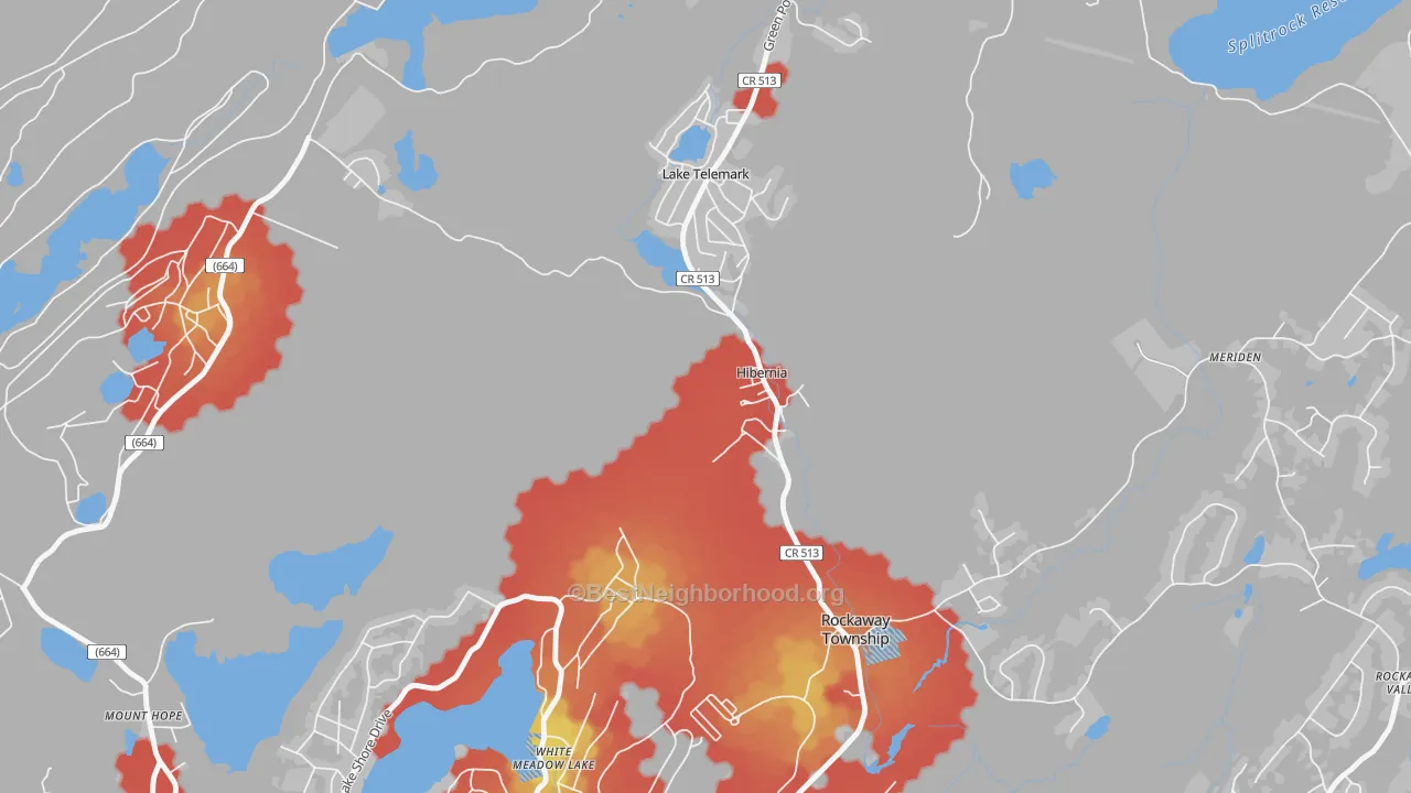 Walk Grade map of 07842, NJ, walkable areas in green and car-dependent areas in red