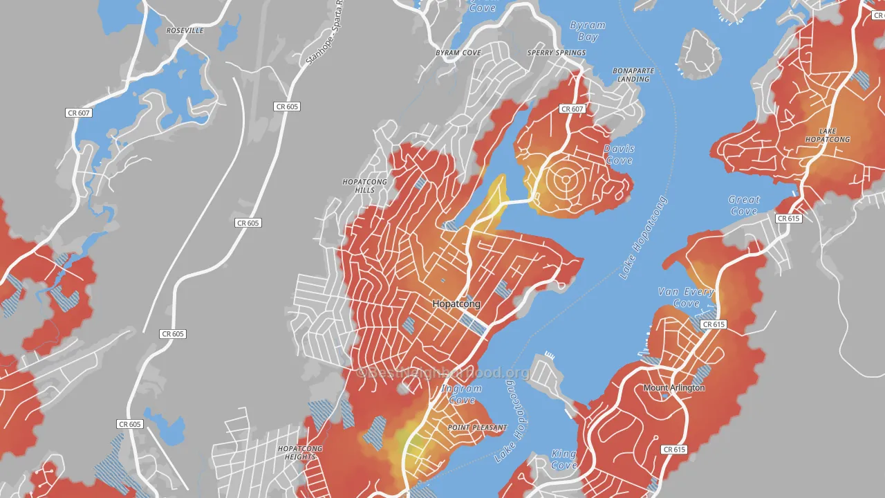 Walk Grade map of 07843, NJ, walkable areas in green and car-dependent areas in red