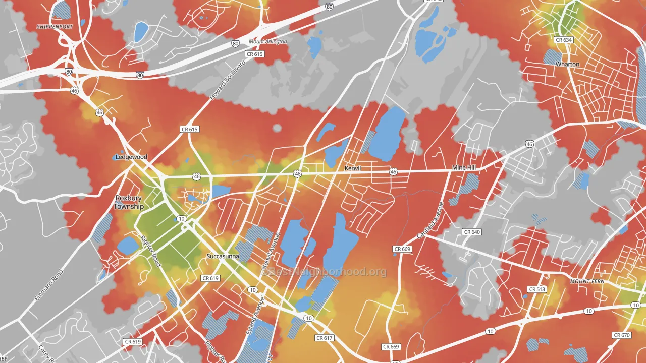 Walk Grade map of 07847, NJ, walkable areas in green and car-dependent areas in red
