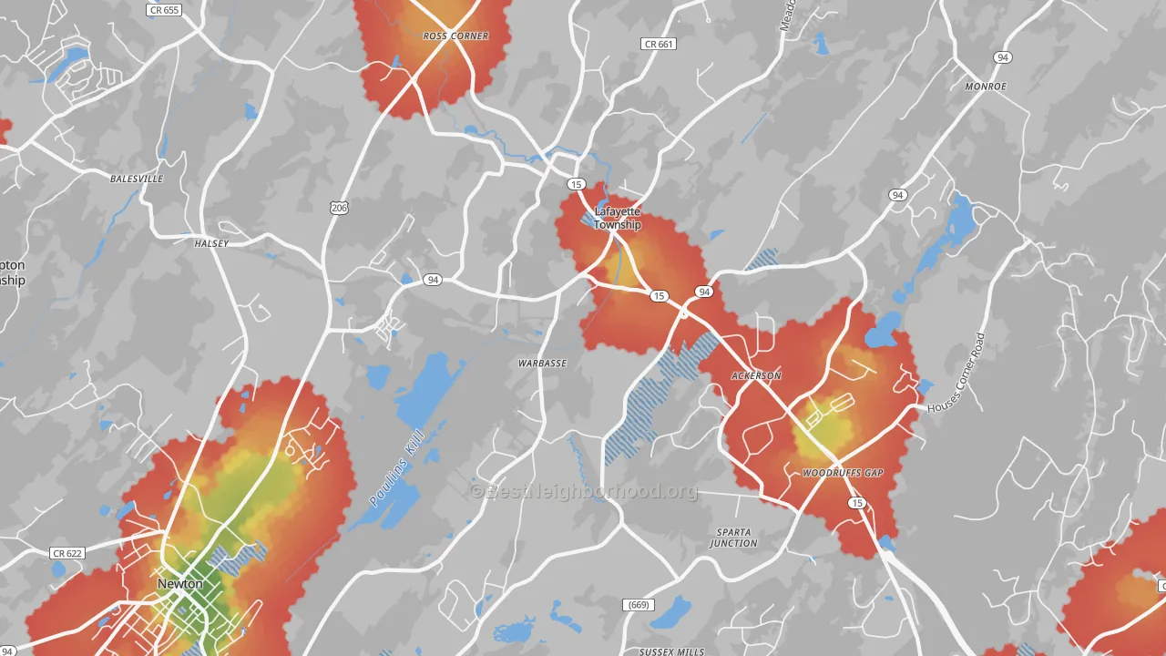 Walk Grade map of 07848, NJ, walkable areas in green and car-dependent areas in red