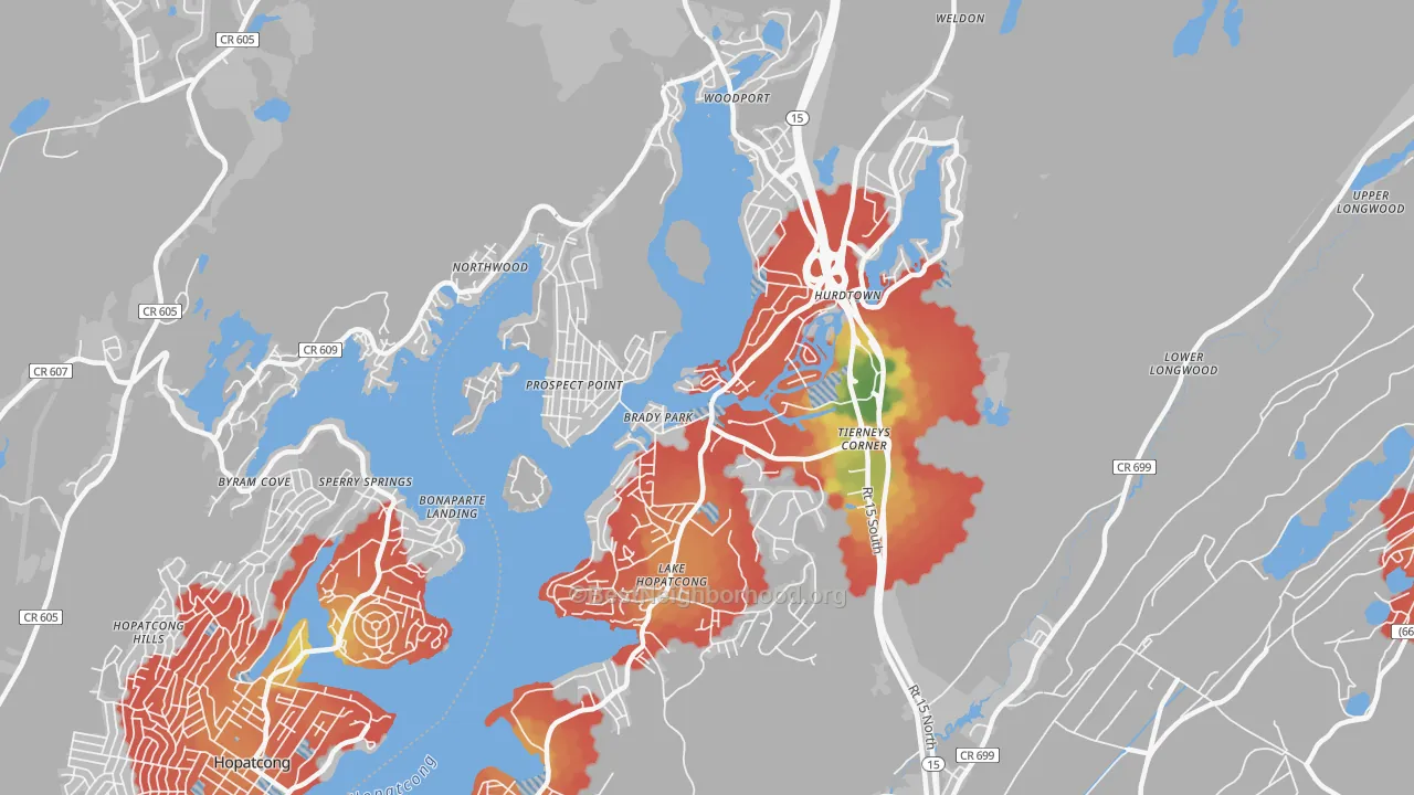 Walk Grade map of 07849, NJ, walkable areas in green and car-dependent areas in red