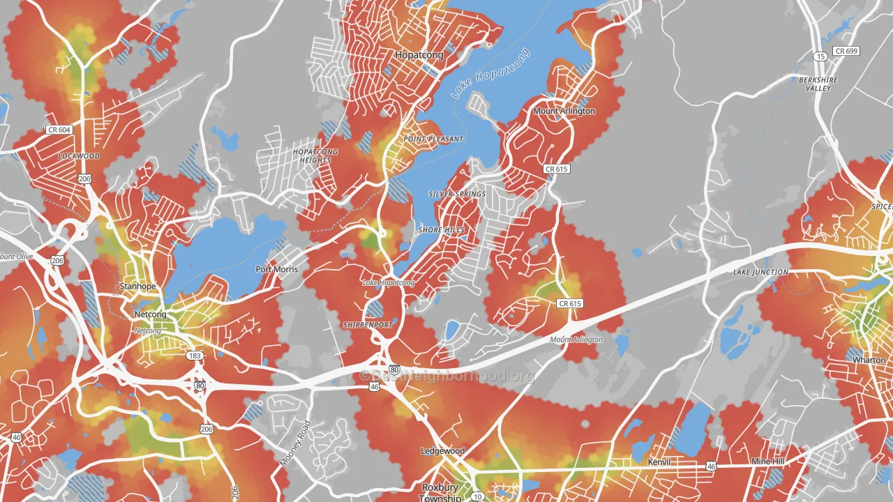 Walk Grade map of 07850, NJ, walkable areas in green and car-dependent areas in red