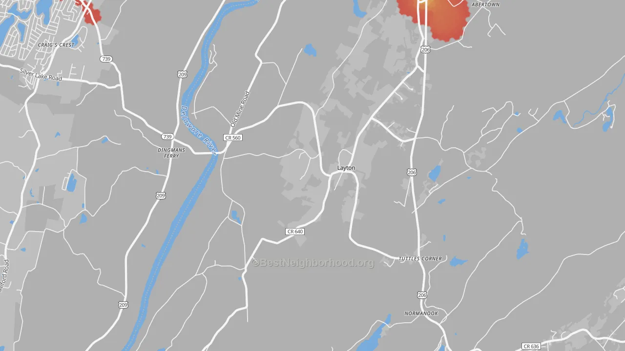 Walk Grade map of 07851, NJ, walkable areas in green and car-dependent areas in red