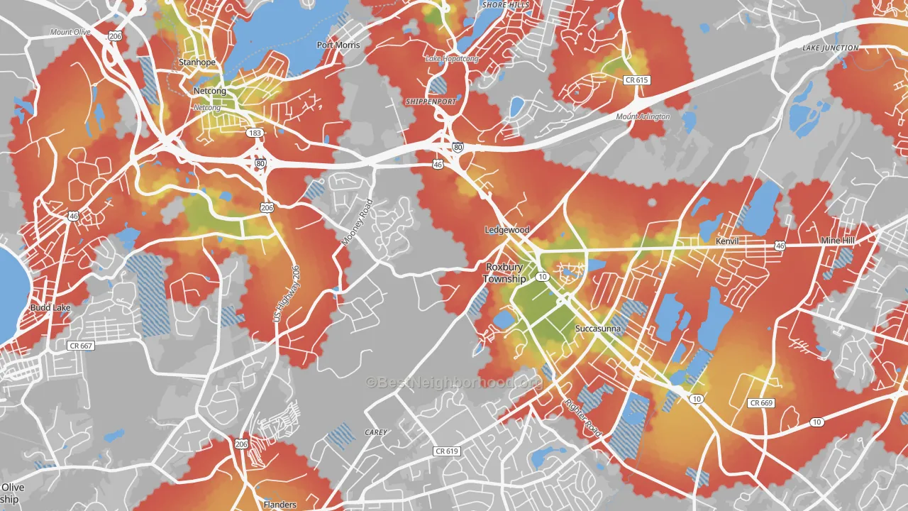 Walk Grade map of 07852, NJ, walkable areas in green and car-dependent areas in red