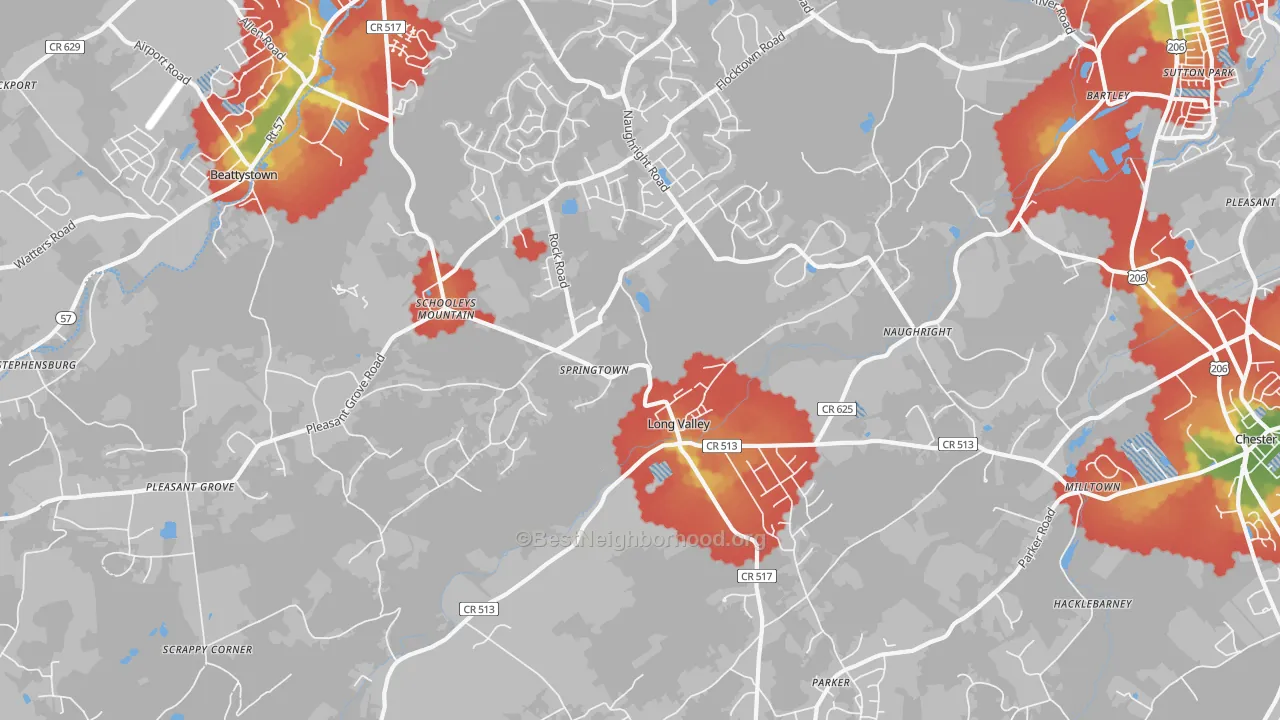 Walk Grade map of 07853, NJ, walkable areas in green and car-dependent areas in red