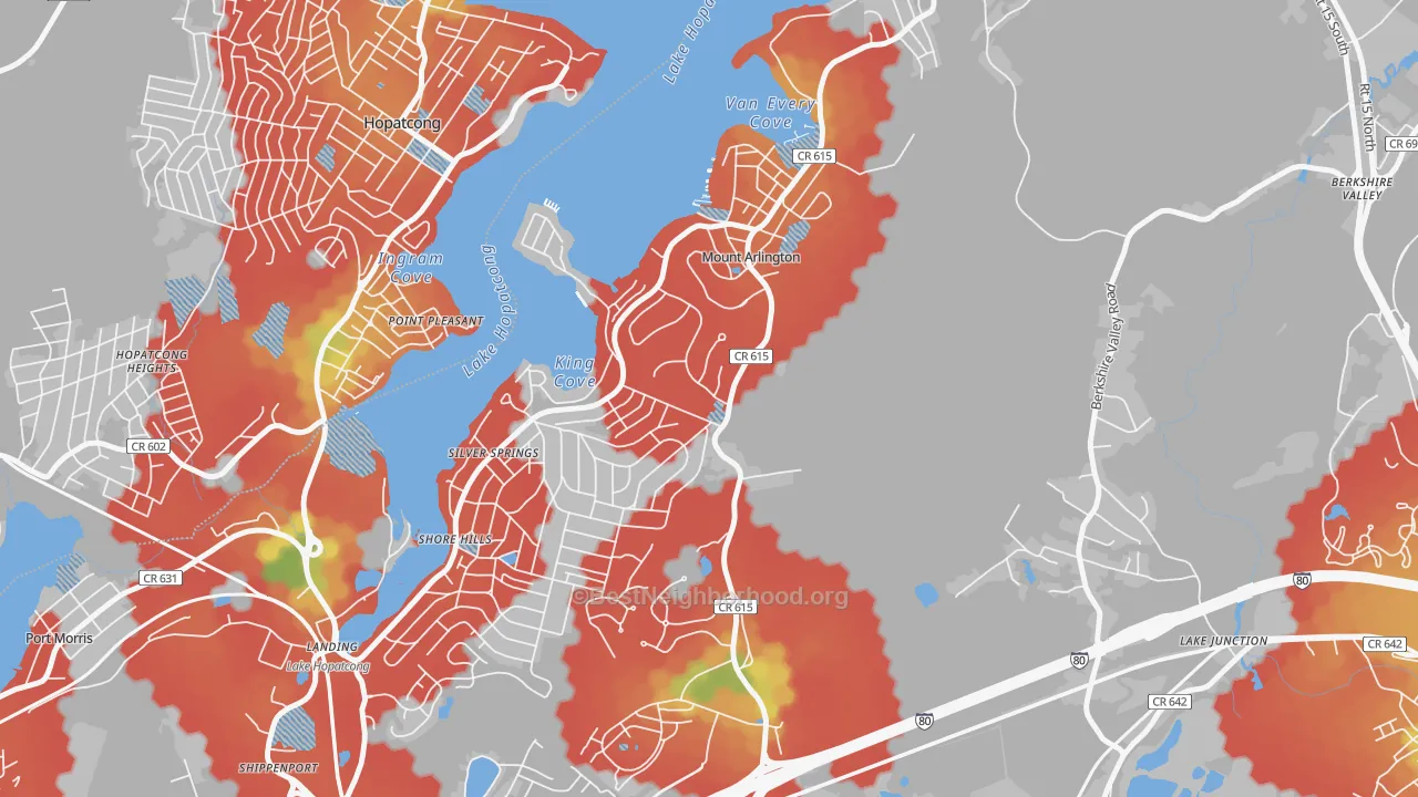 Walk Grade map of 07856, NJ, walkable areas in green and car-dependent areas in red