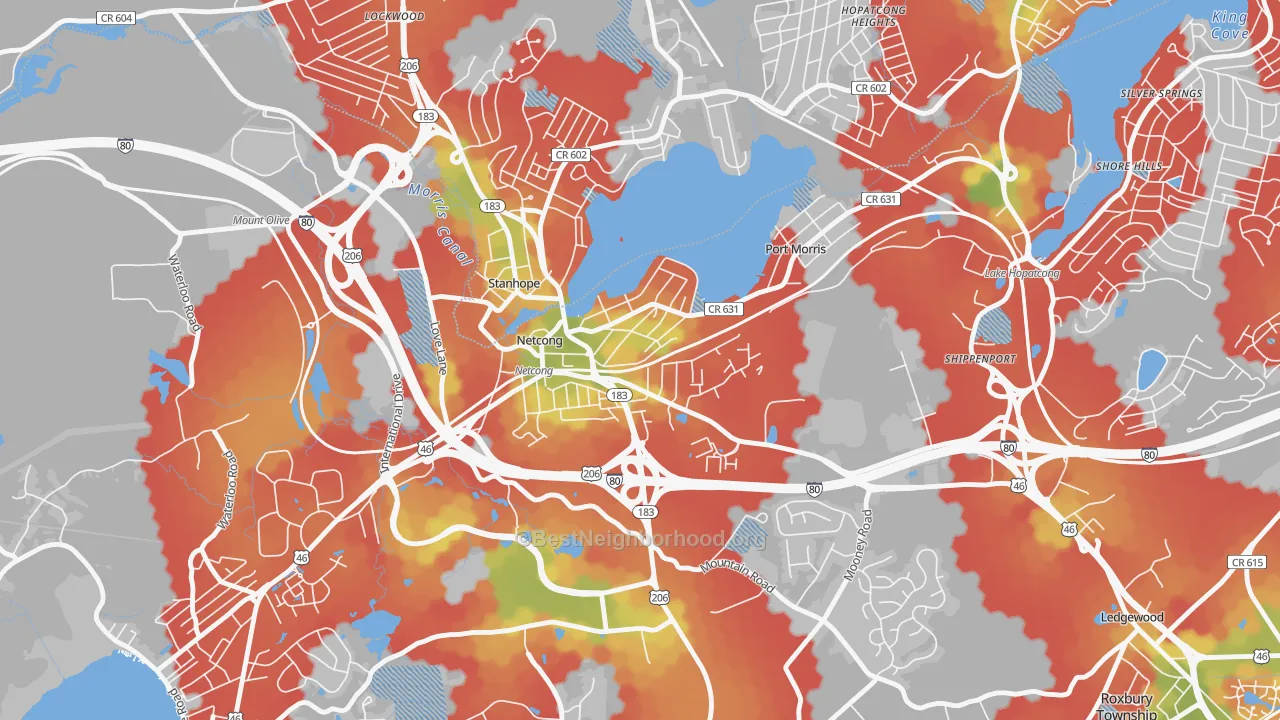 Walk Grade map of 07857, NJ, walkable areas in green and car-dependent areas in red