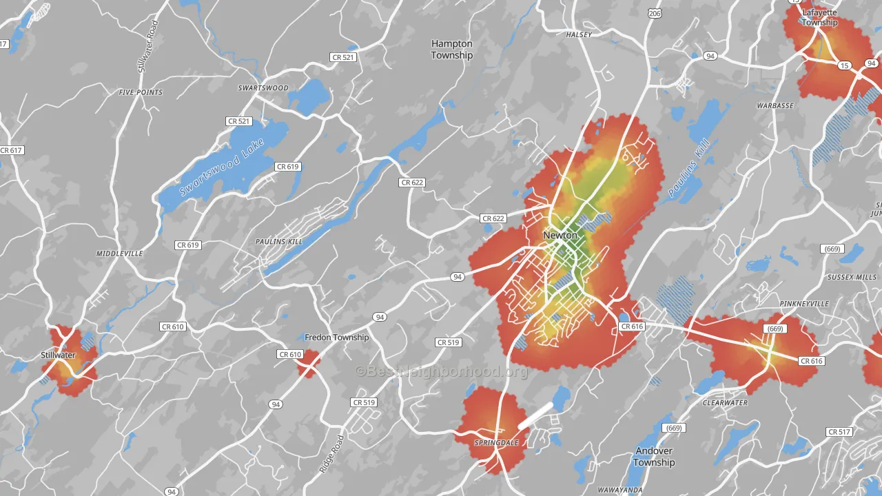 Walk Grade map of 07860, NJ, walkable areas in green and car-dependent areas in red