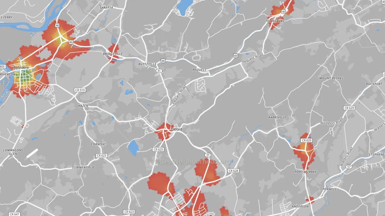 Walk Grade map of 07863, NJ, walkable areas in green and car-dependent areas in red
