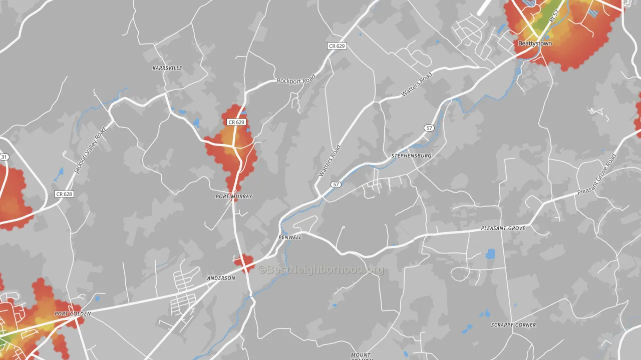 Walk Grade map of 07865, NJ, walkable areas in green and car-dependent areas in red
