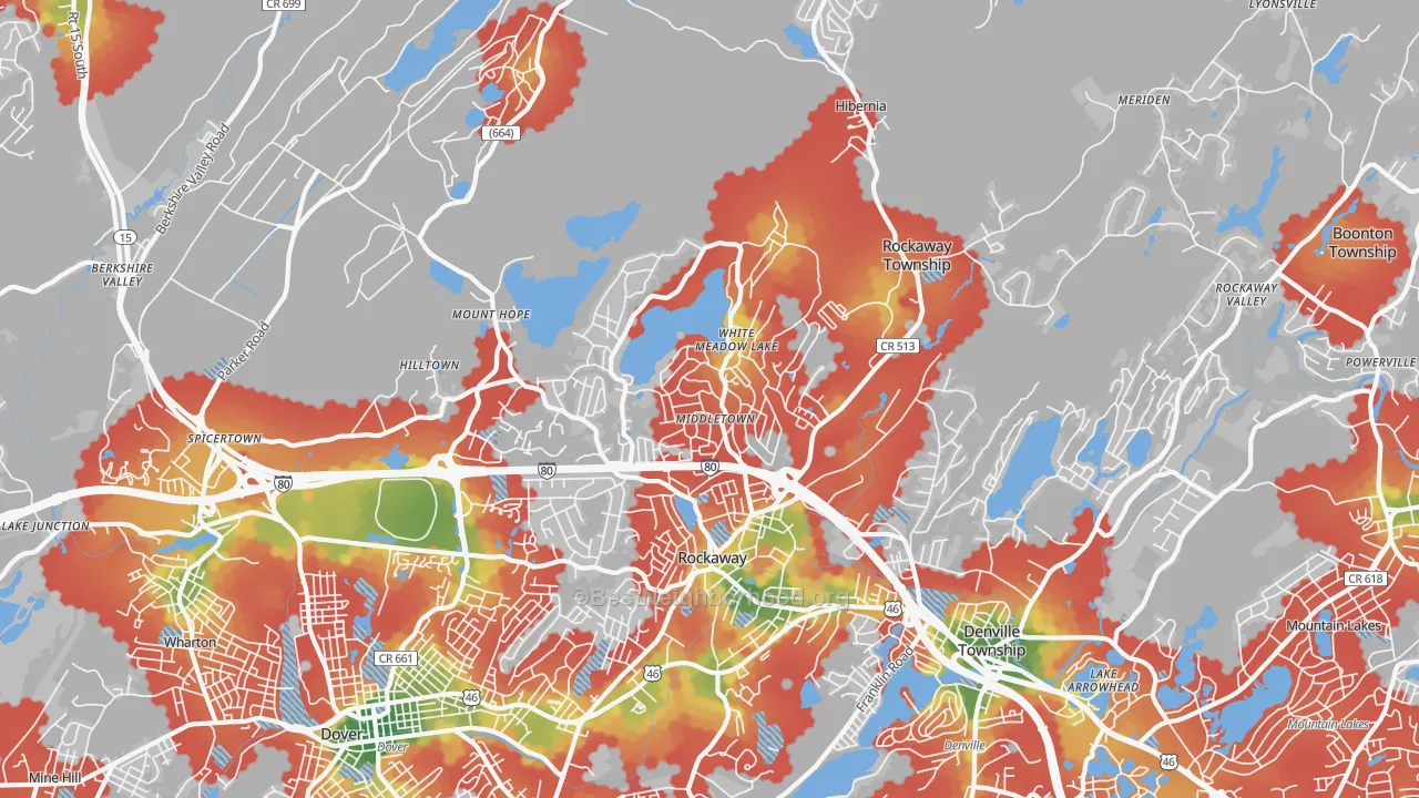 Walk Grade map of 07866, NJ, walkable areas in green and car-dependent areas in red