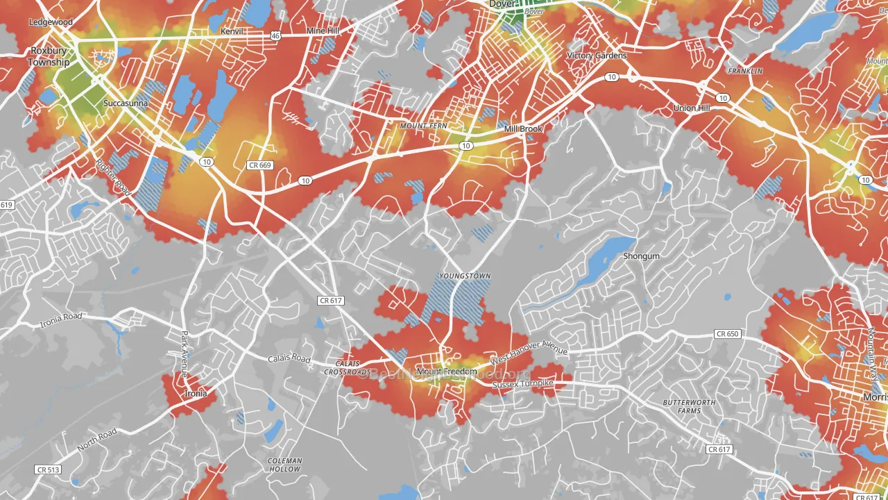 Walk Grade map of 07869, NJ, walkable areas in green and car-dependent areas in red