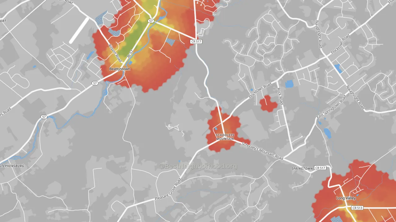Walk Grade map of 07870, NJ, walkable areas in green and car-dependent areas in red