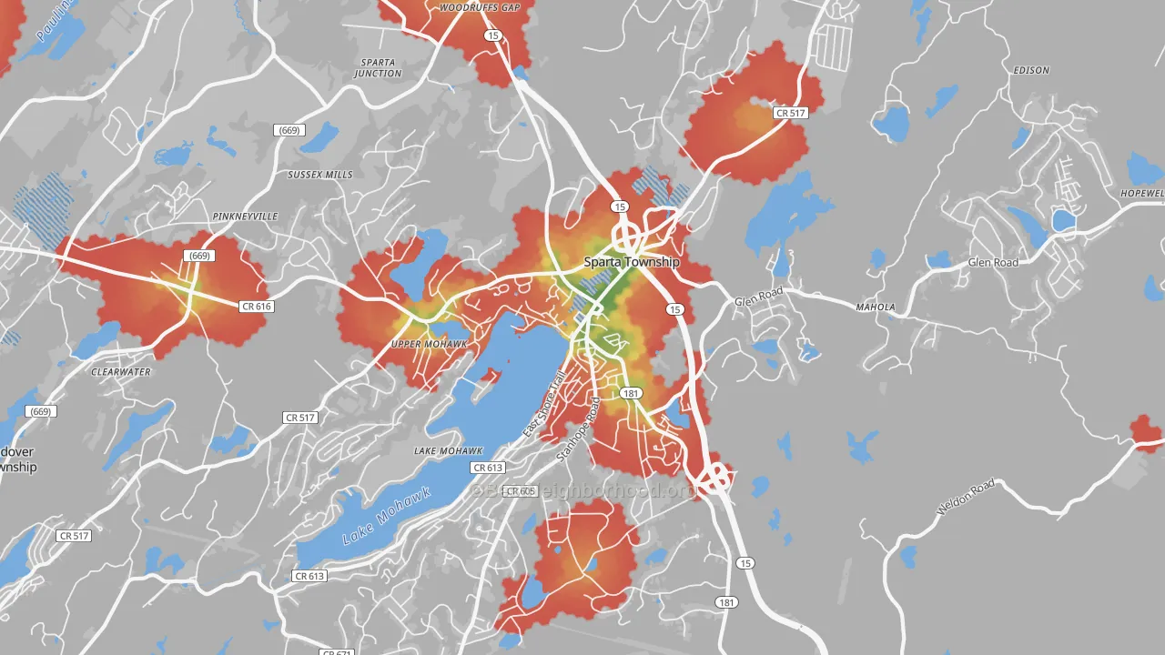 Walk Grade map of 07871, NJ, walkable areas in green and car-dependent areas in red