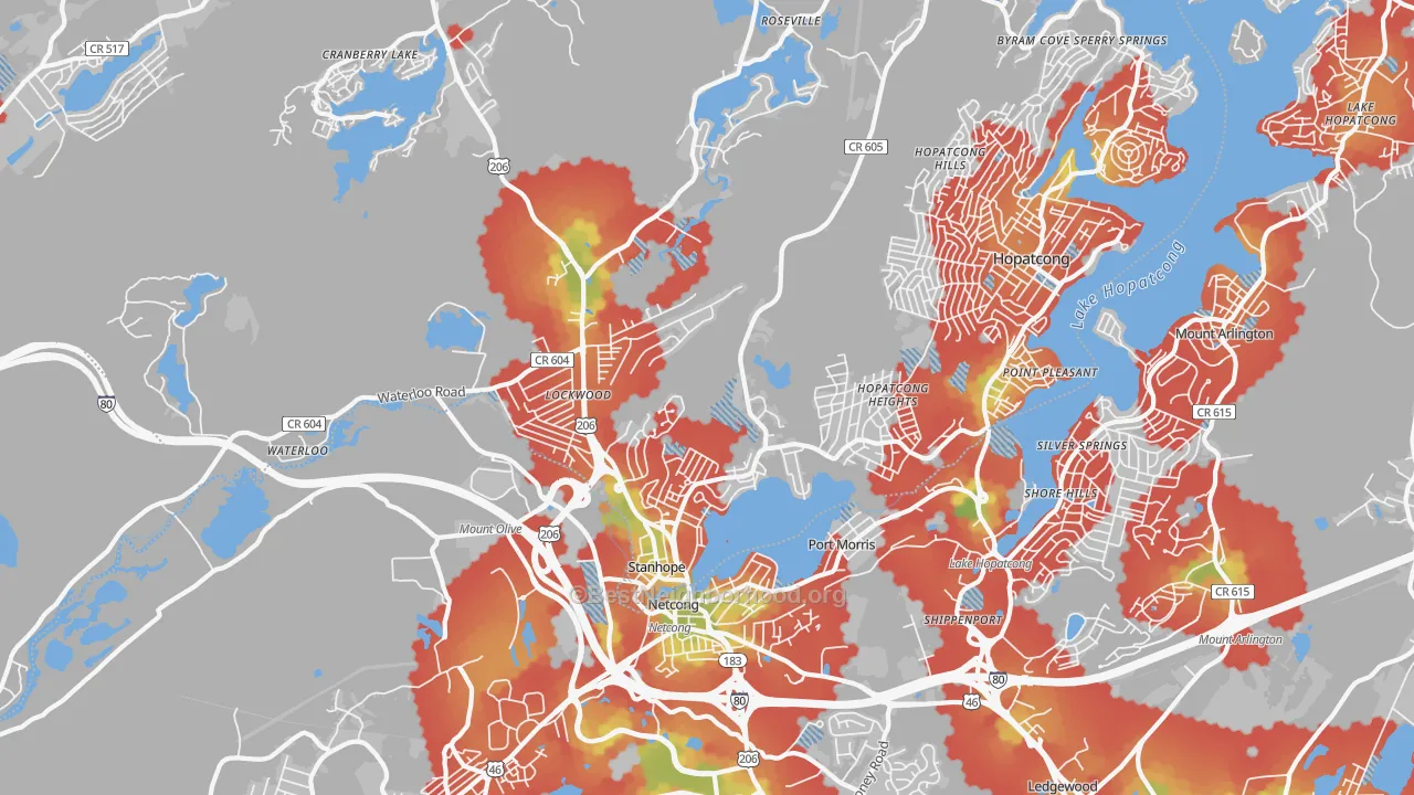 Walk Grade map of 07874, NJ, walkable areas in green and car-dependent areas in red
