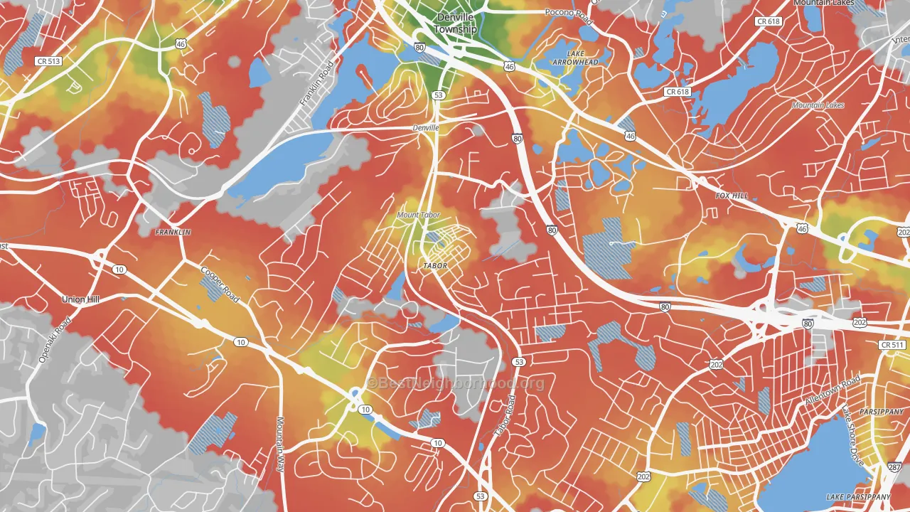 Walk Grade map of 07878, NJ, walkable areas in green and car-dependent areas in red