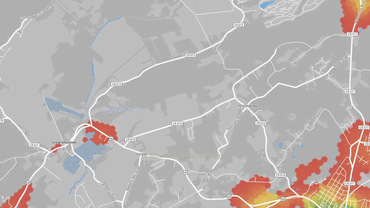 Walk Grade map of 07880, NJ, walkable areas in green and car-dependent areas in red
