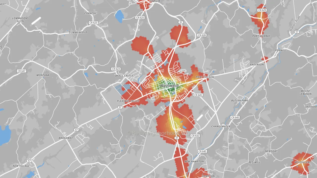 Walk Grade map of 07882, NJ, walkable areas in green and car-dependent areas in red