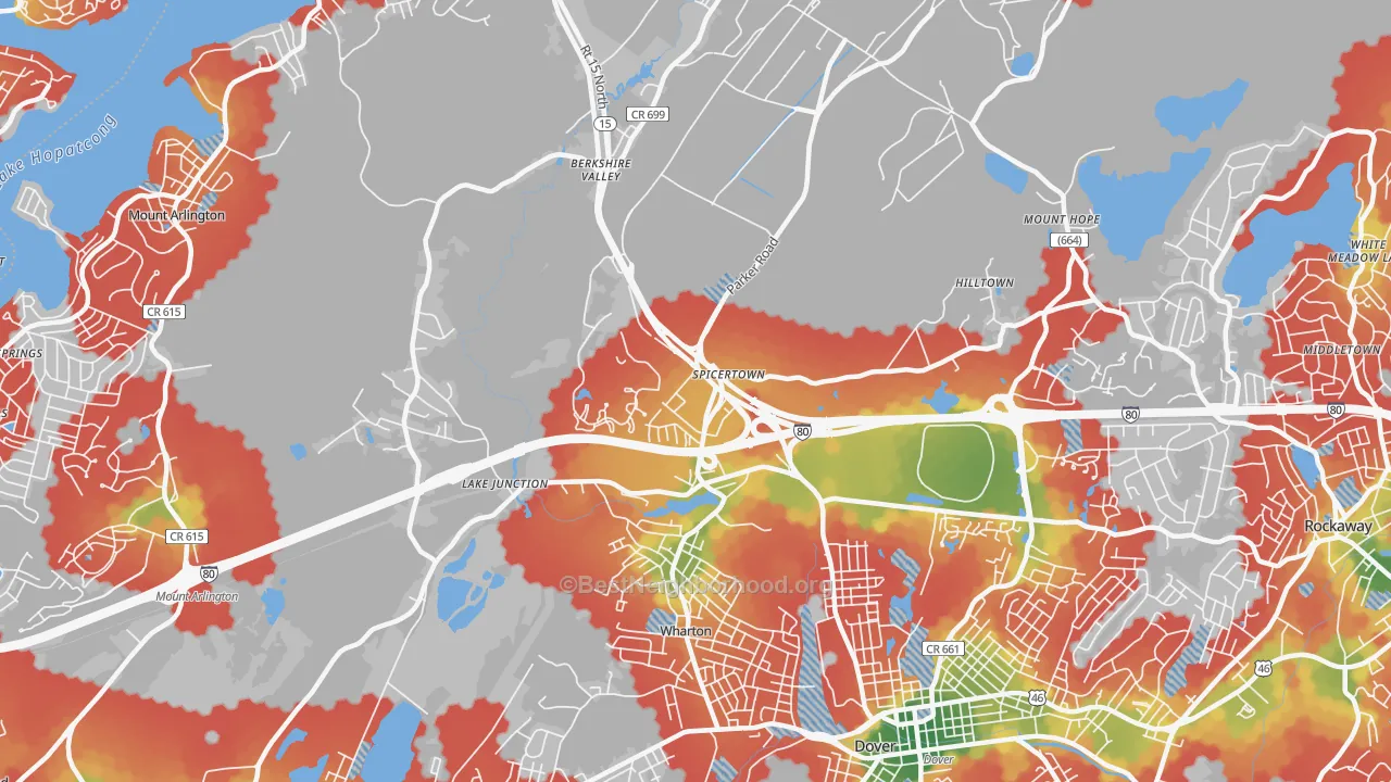 Walk Grade map of 07885, NJ, walkable areas in green and car-dependent areas in red