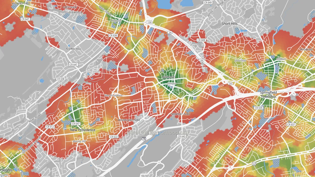 Walk Grade map of 07901, NJ, walkable areas in green and car-dependent areas in red