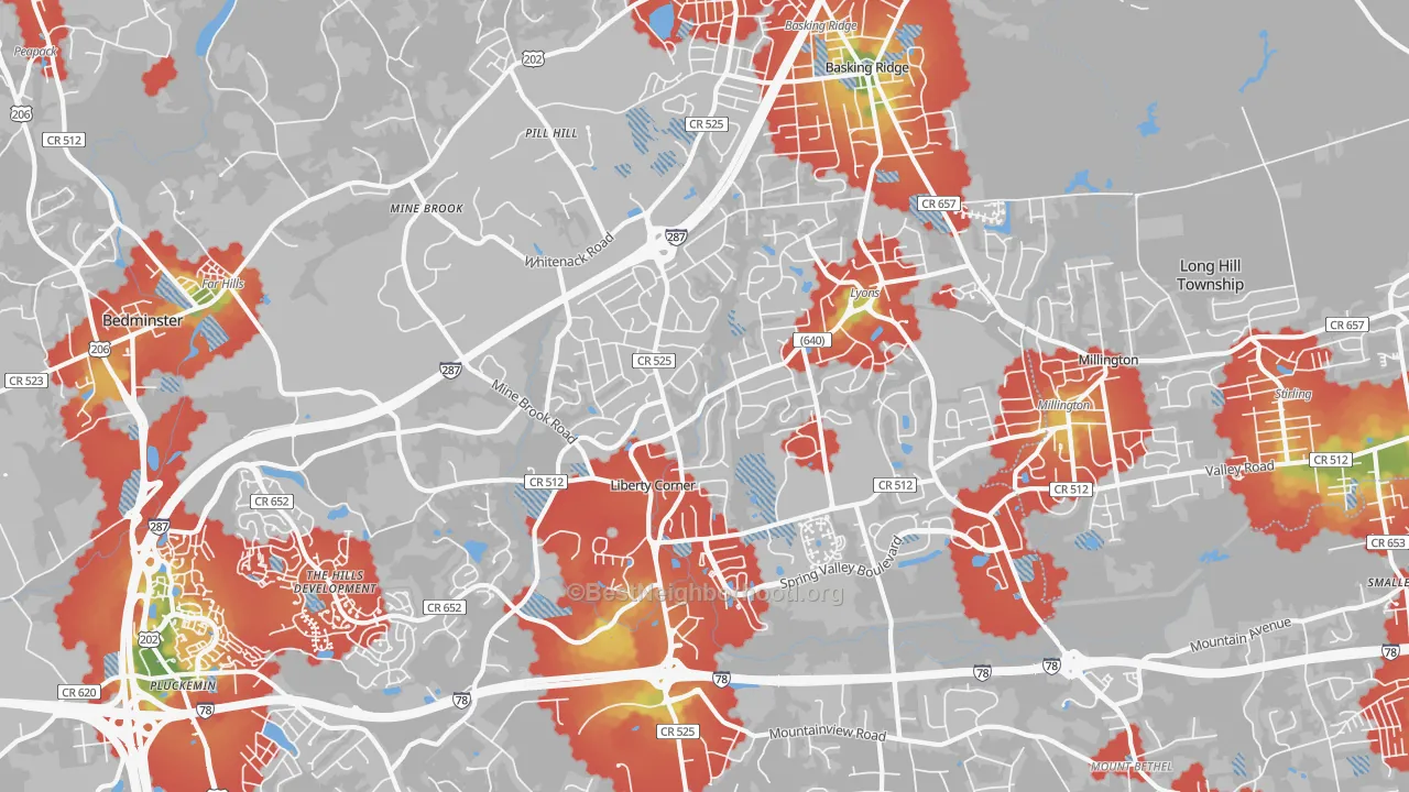 Walk Grade map of 07920, NJ, walkable areas in green and car-dependent areas in red