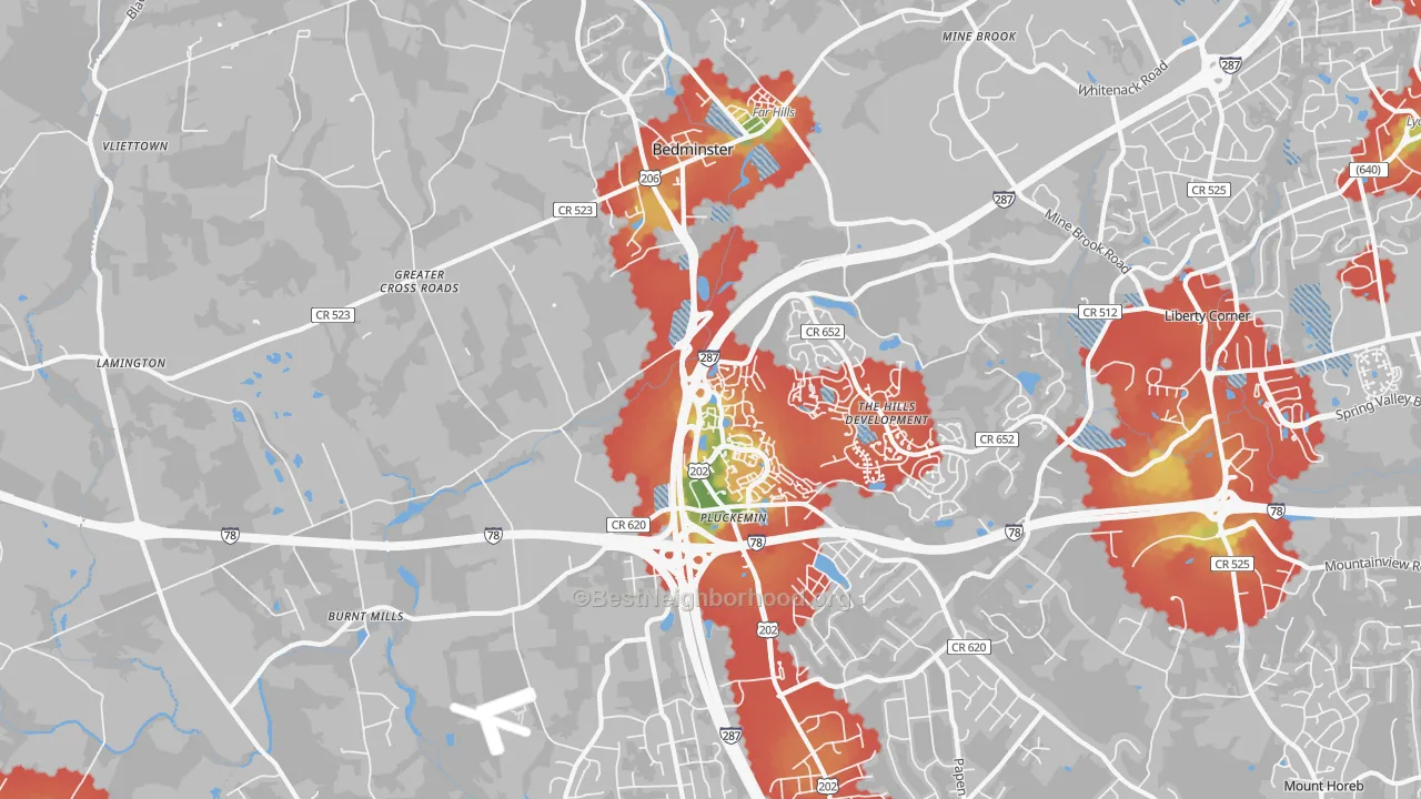 Walk Grade map of 07921, NJ, walkable areas in green and car-dependent areas in red