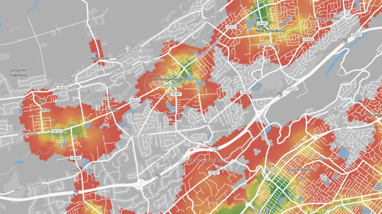 Walk Grade map of 07922, NJ, walkable areas in green and car-dependent areas in red