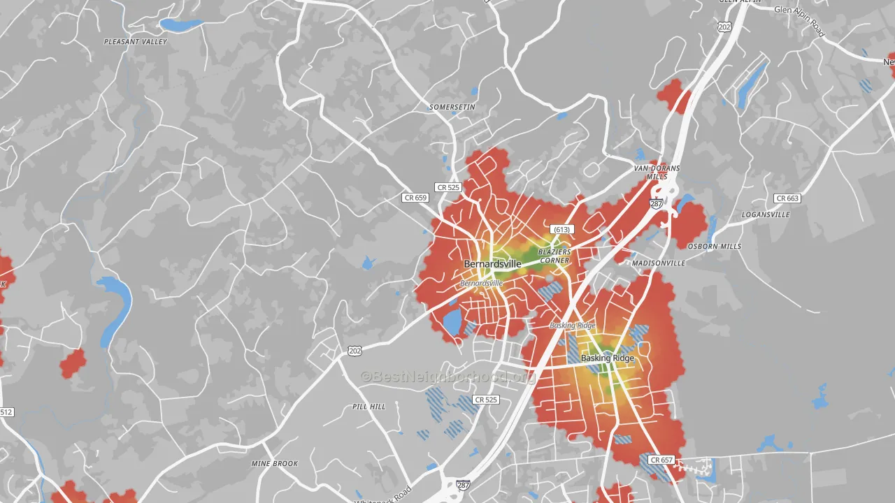 Walk Grade map of 07924, NJ, walkable areas in green and car-dependent areas in red